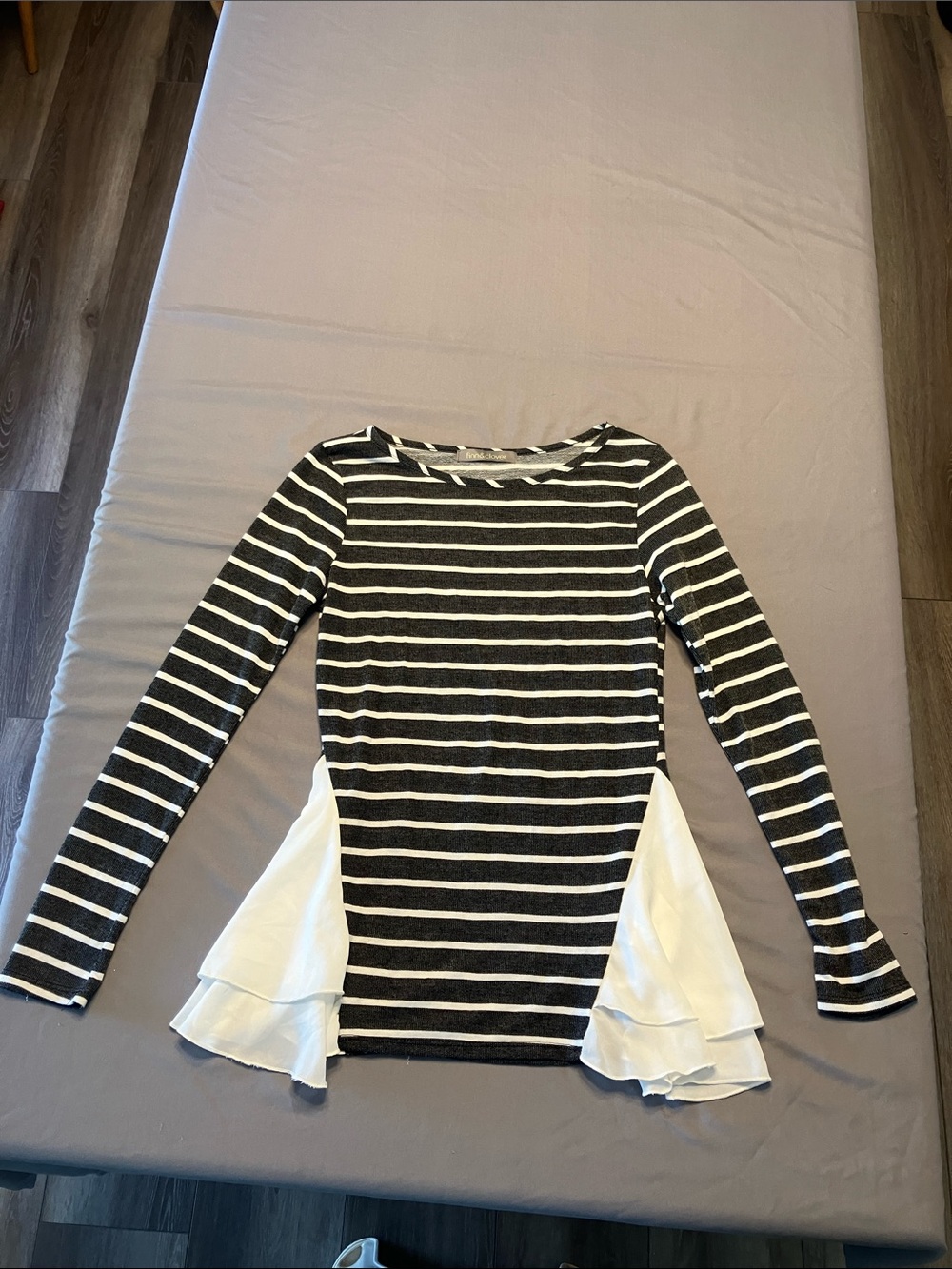 finn & clover Black and White Striped Long-Sleeve Top with White Peplum Panels
